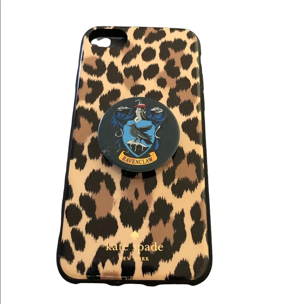 Kate Spade leopard phone case, IPhone 6 w/ Harry Potter Raven Claw pop socket